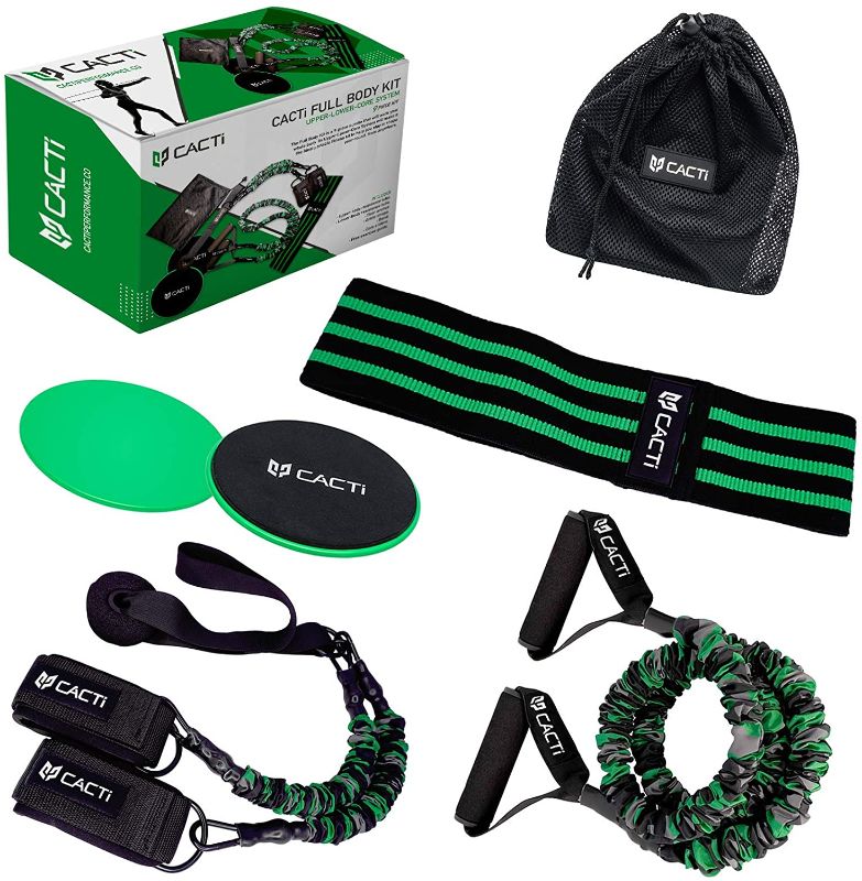 Photo 1 of Resistance Bands Full Body Home Workout Set - 1 Fabric Booty Band, 1 Exercise Bands Loop with Handles for Arms, 2 Resistance Workout Cables, 2 Core Sliders, Door Anchor, Ankle Straps for Legs, Gym Bag
