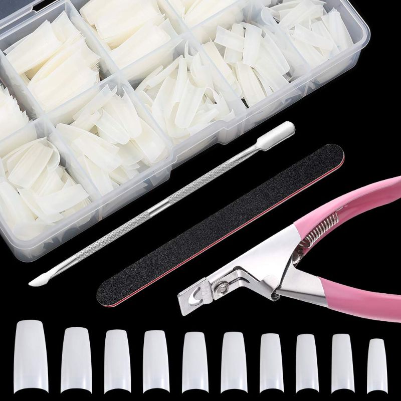 Photo 1 of Natural Acrylic Press Nail Tips - French Long Coffin Shaped False Nail Kit with Box for Nails Salons & Home DIY Nail Art for Women Girls - 500PCS Square Half Cover Ballerina Fake Nail Set
