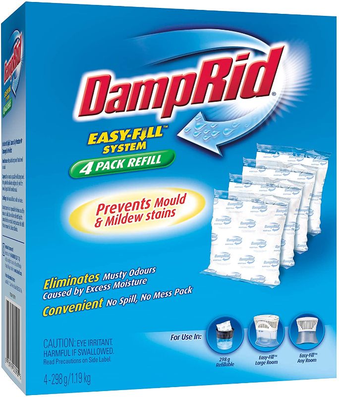 Photo 1 of DampRid - Fragrance Free Moisture Absorber 10.5 oz. Easy Fill Refill Packs - 4 count – Attracts & Traps Moisture for Fresher, Cleaner Air
