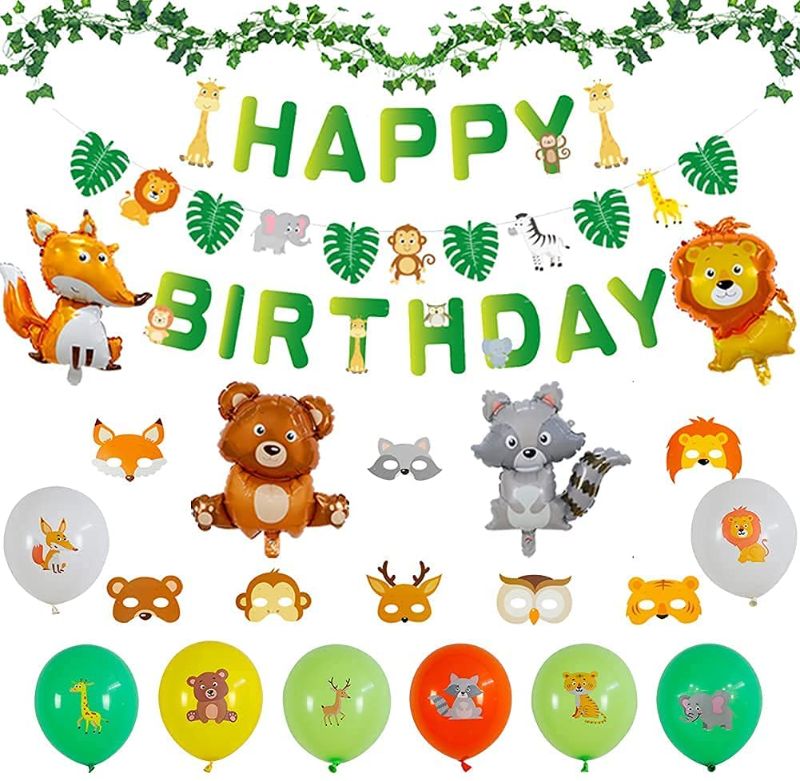 Photo 1 of CrzPai Woodland Creatures Birthday Decorations, Jungle Theme Party Supplies with Birthday Banner, Animals Garland, Masks, Ivy Vines, Balloons for Neutral Forest Animal Friends Baby Shower Decors
