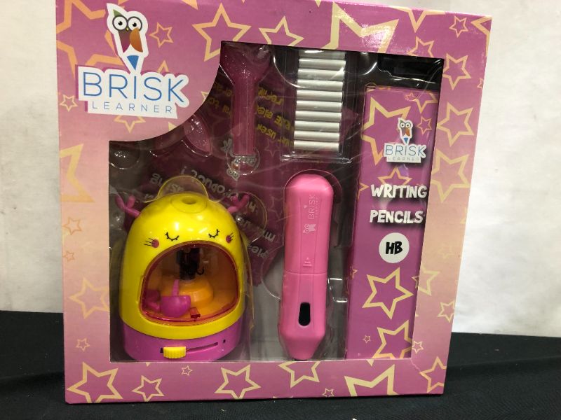 Photo 4 of BriskLearner Electric Pencil Sharpener for Kids - Pencil Sharpener Battery Powered & Battery Operated - Includes Electric Eraser, 12 Pink Pencils, Extra...  fabric sealed