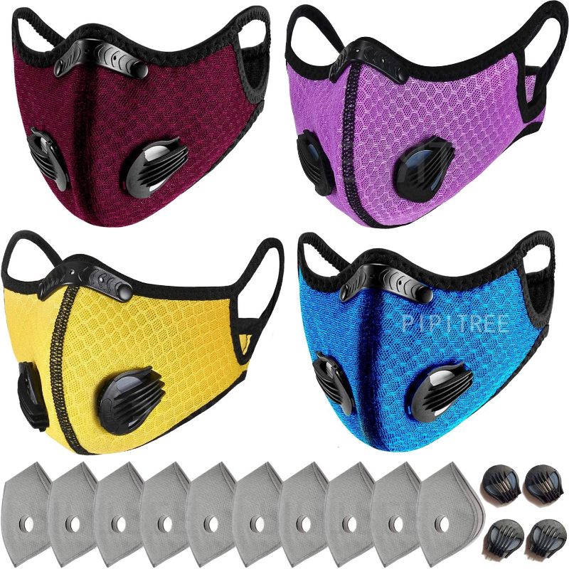 Photo 1 of PIPITREE 4 Pcs Breathable Face Mask with Valves Sports Mask for Men Women Outdoor Running Cycling Reusable Dust Mask with Filters Workout Mask