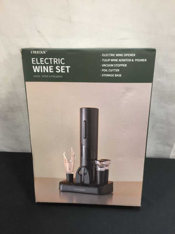 Photo 2 of (Factory Sealed)Everous Electric Wine Opener Set, Wine Bottle Corkscrew Opener, with Vacuum Wine Stoppers and Aluminum Cutter for Kitchen, Party, Bar and Gift
