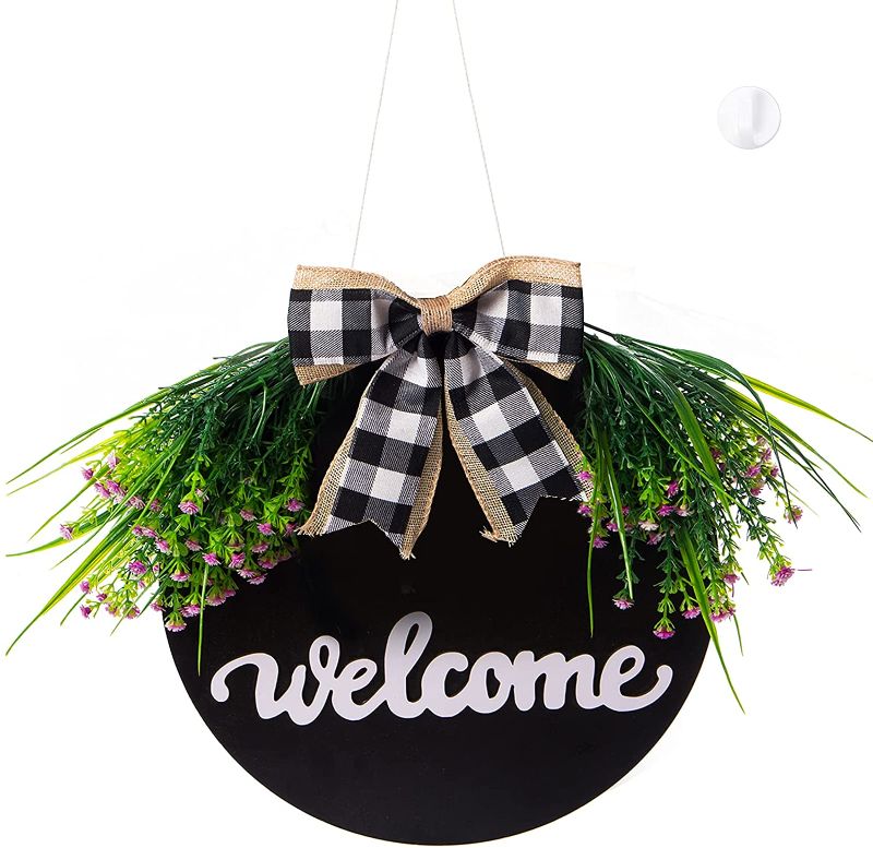 Photo 1 of  Entrance Door Welcome Sign, Rustic Wood Indoor Outdoor Decor, Black Round Front Door Welcome Sign, Farmhouse Hanging Welcome Wreaths for Porch, Wall, Home Decor, Gift
