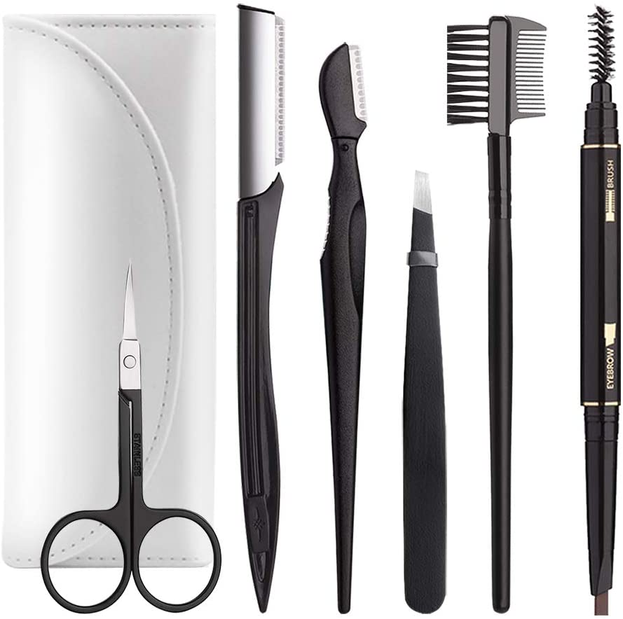 Photo 1 of Boyi Eyebrow Kit 6 in 1 Eyebrow Tweezers, All in One Dermaplaning Eyebrow Grooming Set Eyebrow Shaving Tool Brown Shaving Scissors Eyebrow Pencil with Leather Bag (C-White)
