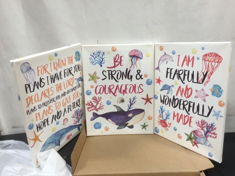 Photo 1 of Framed Sea Life Art Print,Ocean Worlds&Inspirational Lettering Wall Art Set of 3 Pieces (11.8x15.6inch), Colorful bubbles,Starfish Artworks for Kids Room Nursery Decor-Ready To Hang
