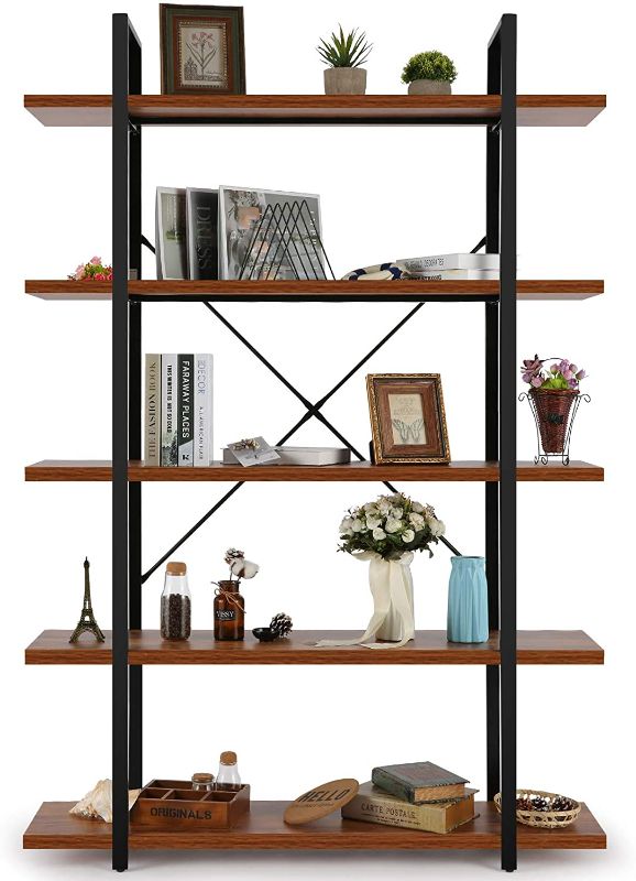 Photo 1 of 5 Tier Industrial Bookshelf, 6 Foot Tall Solid Etagere Bookcase, Free Standing Book Shelves for Living Room, Bedroom, Office, Open Display Shelving Unit (Black Metal Frame and Warm Rustic Brown Wood)
