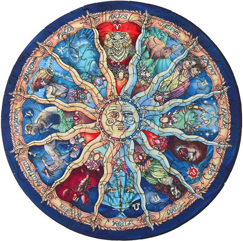 Photo 1 of AAGOOD Wooden Jigsaw Puzzles for Adults, The Sun God with Zodiac Themed Unique Shaped Wood Puzzle, 98 Pieces Magic Wood Cut Puzzles, Family Games Best Gift for Adults and Kids, Diameter 5.4 in, Small
