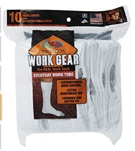 Photo 2 of Fruit of the Loom Men's Cotton Work Gear Tube Socks | Cushioned, Wicking, Durable | 10 Pack, White, Shoe Size: 6-12
