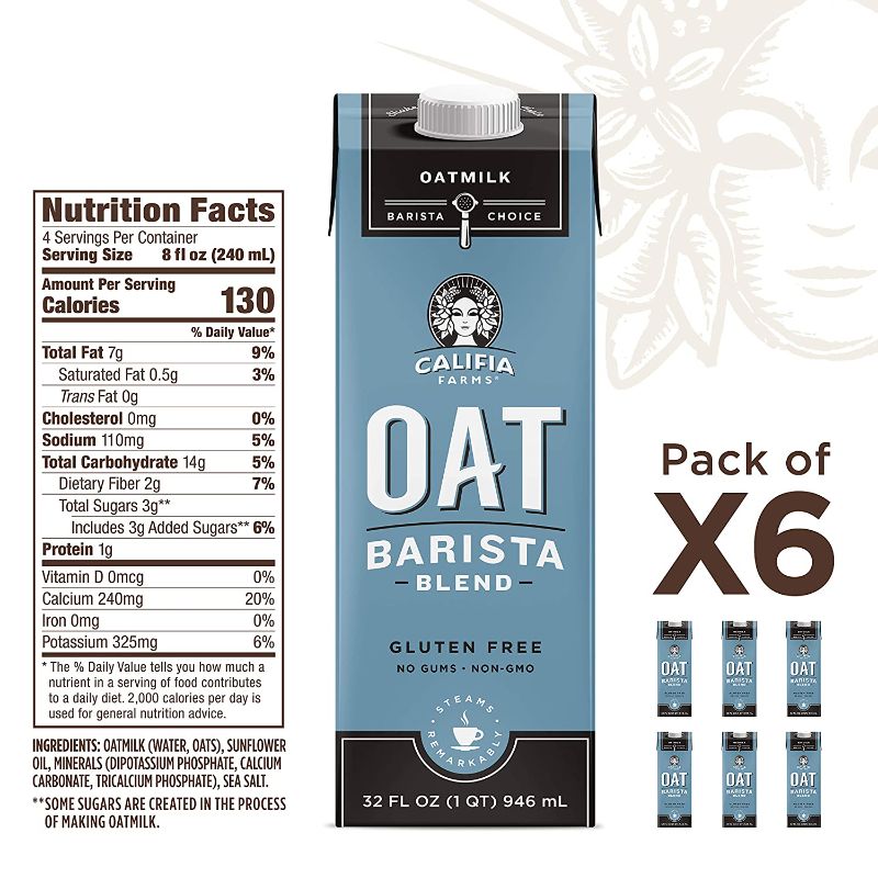 Photo 1 of Califia Farms - Oat Milk, Unsweetened Barista Blend, 32 Oz (Pack of 6) | Shelf Stable | Non Dairy Milk | Creamer | Vegan | Plant Based | Gluten-Free | Non-GMO
