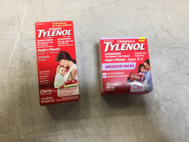 Photo 1 of Children's Tylenol Acetaminophen Dissolve Packets, Wild Berry, 18 ct---EXPIRES DEC 2021---
Infants' Tylenol Acetaminophen Liquid Medicine, Cherry, 2 fl. oz---EXPIRES MARCH 2022---