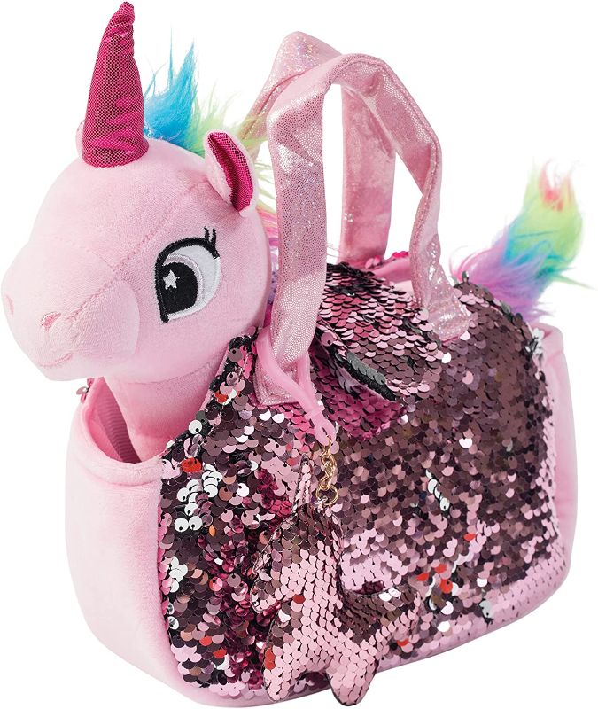 Photo 1 of Little Jupiter Plush Pet Set with Purse - Unicorns Gifts for Girls - Stuffed Unicorn Animal - Plushie - Plush Toy for Girls w/ Reversible Sequins & Charm - Age 4 - 5 - 6 - 7 yrs (Pink Unicorn)
