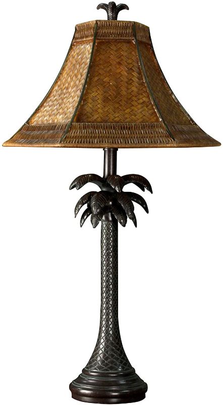 Photo 1 of Collective Design 720354122639 Tropical Palm Tree Steel Table Lamp, Dark Brown Finish with Woven Rattan Shade
