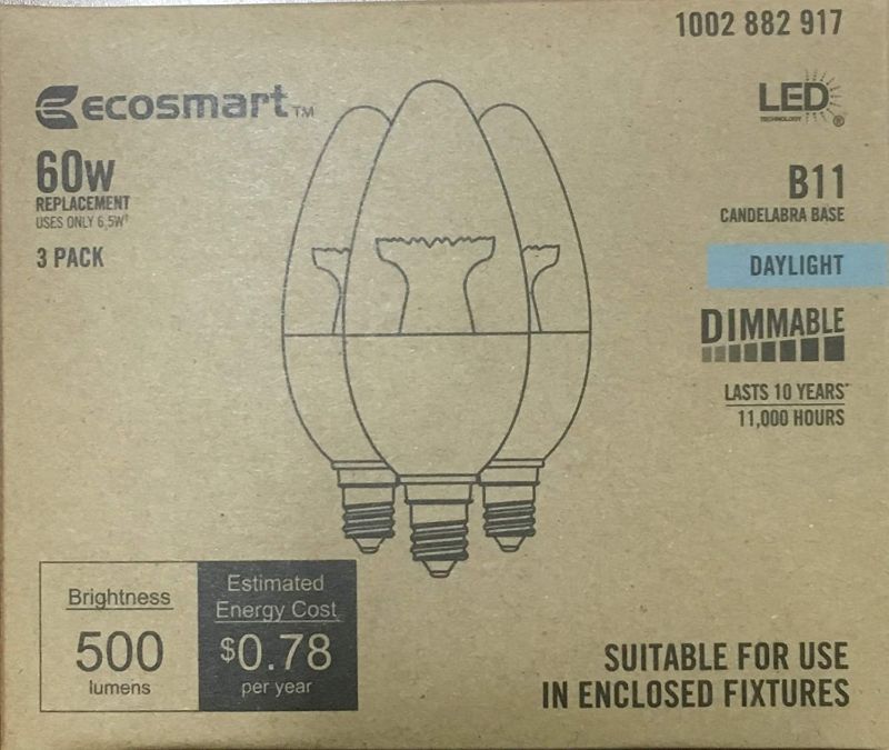 Photo 1 of 2x 3-Pack Ecosmart 60 Watt Equivelent LED Dimmable Candelabra Daylight Uses 6 Watts Daylight 5000 K 500 Lumens
