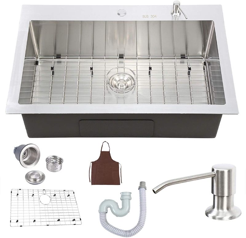 Photo 1 of XuanYue 33 X 22 Inch 16 Gauge Commercial Handmade Stainless Steel Drop-In Single Bowl Kitchen Sink with Sink Drain Assembly/Grid/Apron/Soap Dispenser (Brushed Nickel)
