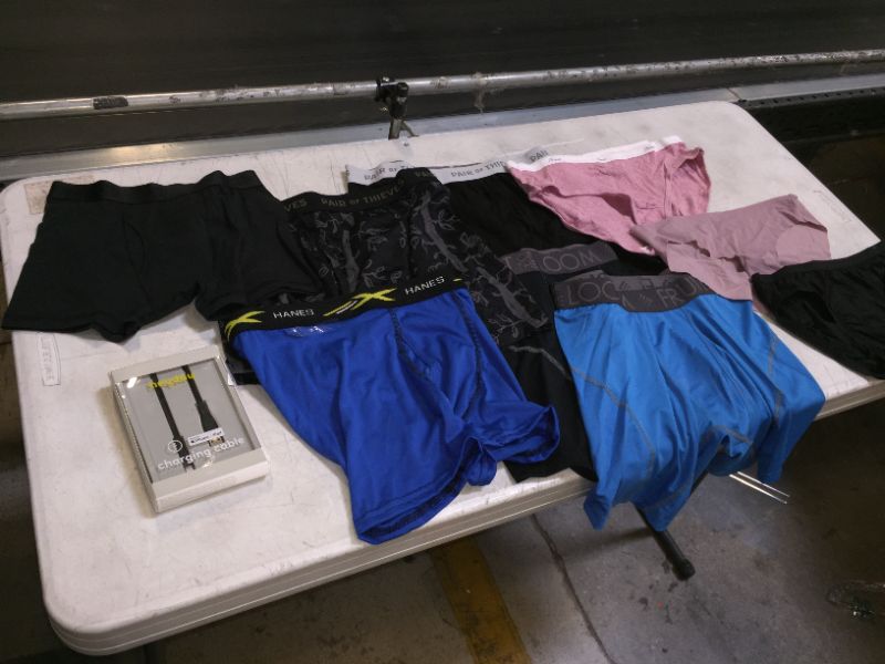 Photo 1 of BAG LOT MENS AND WOMENS UNDERWEAR VARIOOUSD SIZES, LIGHTNING CHARGING IPHONE CABL;E