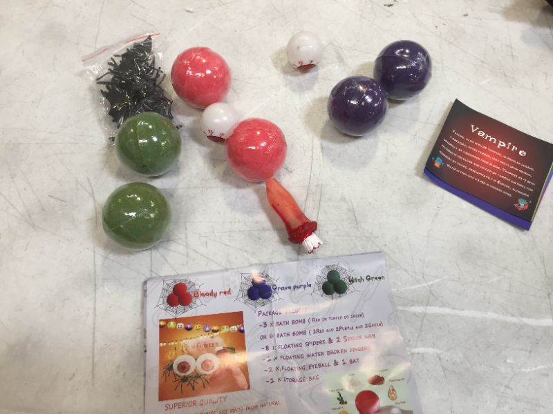 Photo 2 of 2 PACK Bath Bomb Gift Idea, with 2 Red Chreey 2 Green Witch Soup 2 Purple Zombie, 8 Floating Spiders, 2 Floating Spider webs, 1 Injured Floating Finger, 1 bat, 1 Big Spider?2 Floating Eyes, 1 Storage Bag
