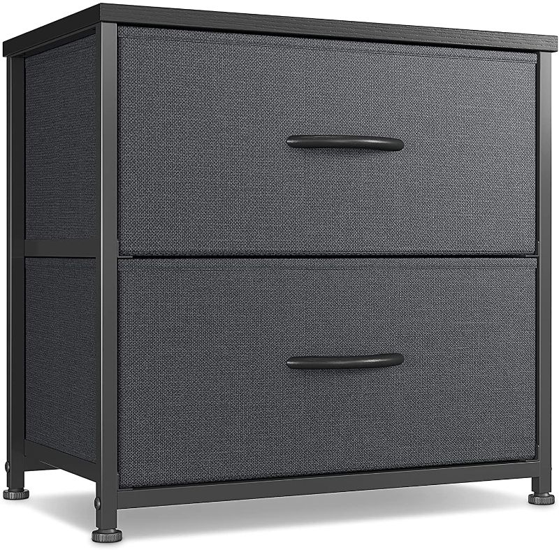 Photo 1 of CubiCubi Dresser Nightstand for Bedroom, Small Kids Bedroom Fabric Tall Dresser 2 Drawer Storage Tower Organizer Unit for Hallway Entryway Closets, Steel Frame Wood Top, Black Grey
