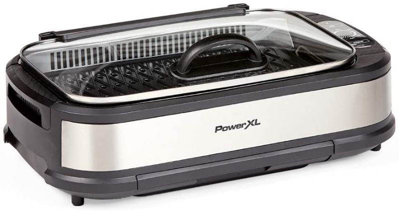 Photo 1 of PowerXL Smokeless Grill with Tempered Glass Lid with Interchanable Griddle Plate and Turbo Speed Smoke Extractor Technology. Make Tender Char-grilled Meals Inside With Virtually No Smoke (Stainless Steel Pro with Hinged Lid)
