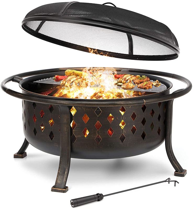 Photo 1 of 36 inch Fire Pit Outdoor Wood Burning Fire Pits Large Steel BBQ Grill Firepit Bowl for Outside with Cooking Grate Spark Screen, Poker for Patio Backyard Garden Picnic Bonfire, Oil Rubbed Bronze
