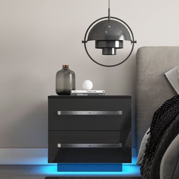 Photo 1 of WOODYHOME Modern High Gloss LED Nightstand, 2 Drawers Bedside End Table w/20 LED Light Mode, Home Bedroom Decor
