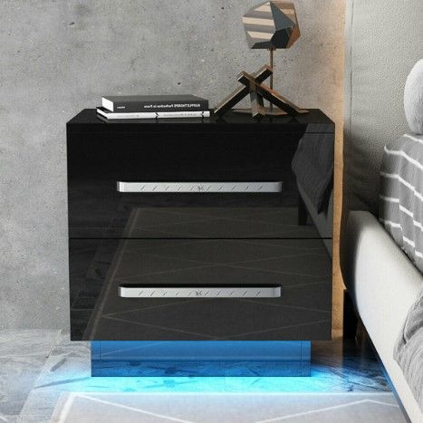 Photo 1 of Modern LED Bedside Table 2 High Gloss Drawer Nightstand White Black
