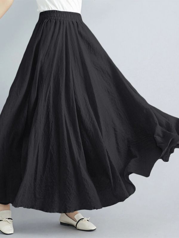 Photo 1 of Women Big Swing Solid Color Elastic Waist Loose Casual Long Skirt - Black M
