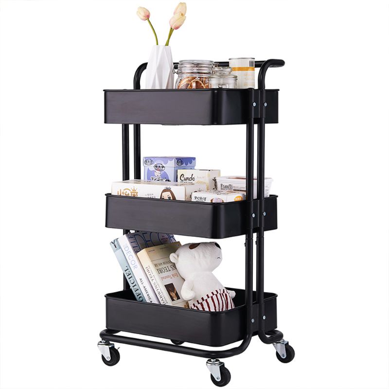 Photo 1 of 3-Tier Metal Rolling Cart, Mobile Utility Cart, Premium Steel Kitchen Cart with Handle, Storage Rack Trolley with 3 Deep Basket for Kitchen Office Bedroom Bathroom, Easy Assembly , Black, Q3616
