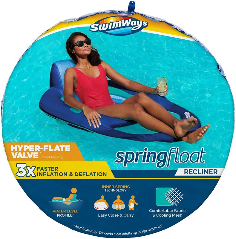 Photo 1 of SwimWays Spring Float Recliner Pool Lounge Chair with Hyper-Flate Valve, Blue PACK OF 3
