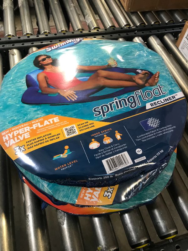 Photo 1 of SwimWays Spring Float Recliner Pool Lounge Chair with Hyper-Flate Valve, Blue PACK OF 3
