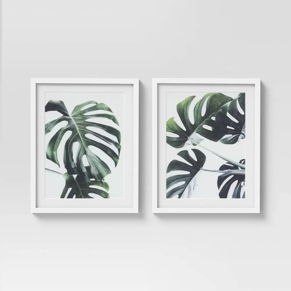 Photo 1 of (Set of 2) 16" x 20" Tropical Leaves Framed Wall Art White/Green - Project 62