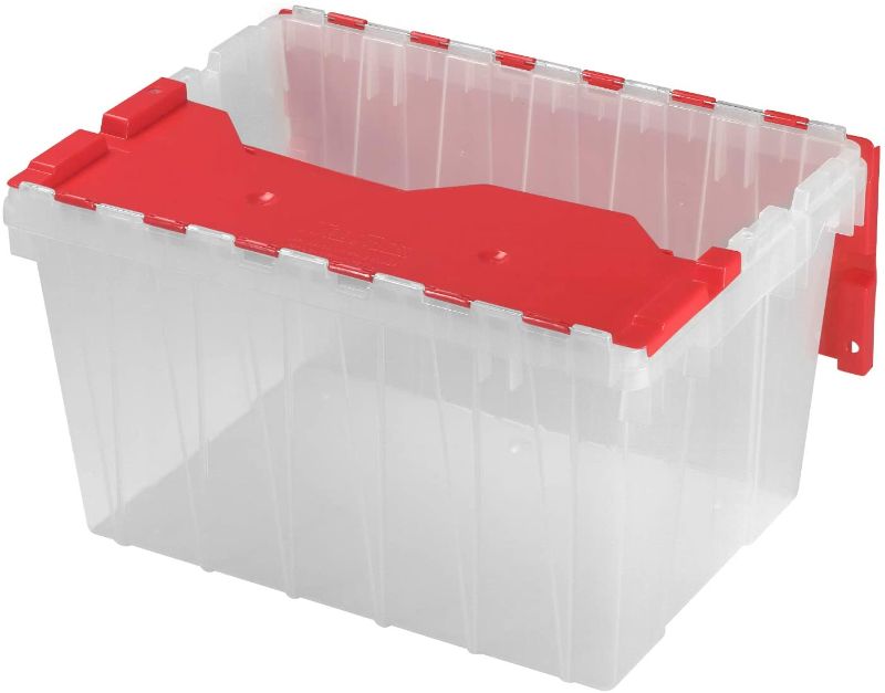 Photo 1 of Akro-Mils Holiday Storage KeepBox Plastic Storage Container 12 Gallon with Hinged Attached Lid, 66486CLRED, (21-Inch L by 15-Inch W by 12-Inch H), Clear/Red
