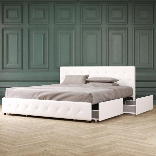 Photo 1 of (BOX 1 OF 2, REQUIRES BOX 2 OF 2 FOR COMPLETE SET) Dorel DHP Dean Upholstered Bed with Storage, WHITE Faux Leather, King
