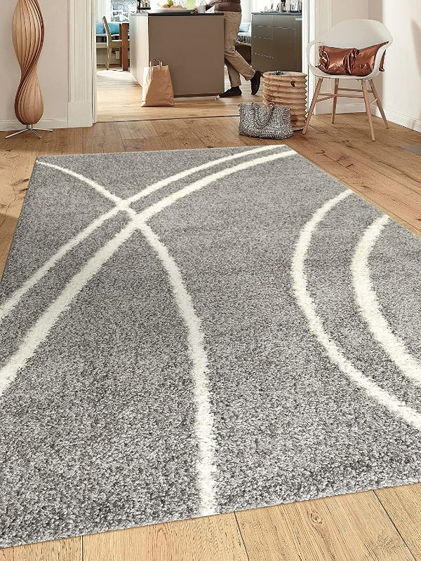 Photo 1 of Cozy Contemporary Stripe White-Grey 5'3" x 7'3" Indoor Shag Area Rug