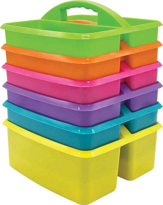 Photo 1 of Assorted Bright Colors Portable Plastic Storage Caddy 6-Pack for Classrooms, Kids Room, and Office Organization, (Lime, Orange, Pink, Purple, Teal, and Yellow) 3 Compartment
