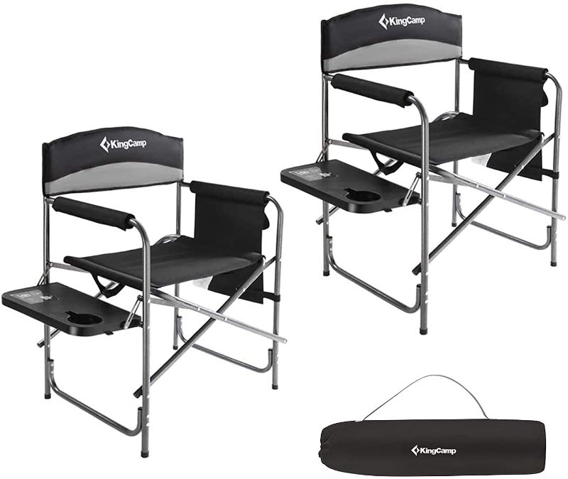 Photo 1 of KingCamp Heavy Duty Camping Folding Director Chair Oversize Padded Seat with Side Table and Side Pockets, Supports to 396 lbs
