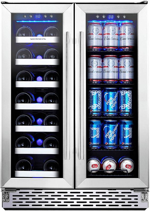 Photo 1 of Phiestina Wine and Beverage Refrigerator | 24 Inch Built-In Dual Zone Wine Beer Cooler Refrigerator | Free Standing French Door Drink Fridge with Digital Memory Temperature Control
