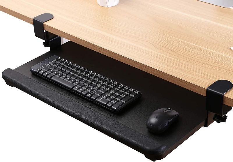 Photo 2 of FlexiSpot Large Keyboard Tray Under Desk Ergonomic 25”x 12” C Clamp Mount Clamp-On Retractable Adjustable Mouse Computer Keyboard Platform Tray Slide-Out Keyboard Drawer Shelf (Black)
