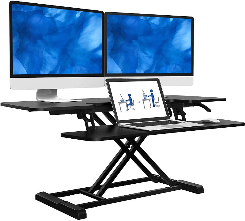 Photo 1 of FLEXISPOT Height Adjustable Standing Desk Converter | 35 inch Stand Up Desk Riser, Black Home Office Desk Workstation for Dual Monitors and Laptop
