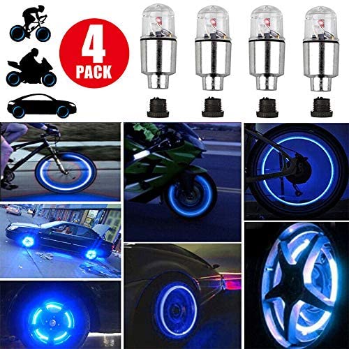 Photo 1 of 4Pcs Blue LED Wheel Lights -Bike Tire Valve Stem Neon Light Bulb For Car Motorcycle Wheel Tyre Valve Dust Cap, Safety, Waterproof, Motion Activated, Spoke Flash Lights Car Valve Stems Caps Accessories
