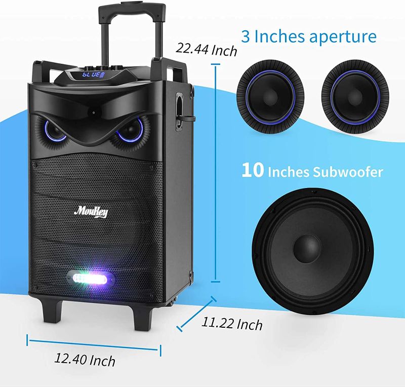 Photo 1 of Moukey Karaoke Machine Speaker,540W Peak Power Bluetooth 5.0 Karaoke System-PA Stereo with 10" Subwoofer,DJ Lights,2 Microphone,1 Tablet Holder,Rechargeable,Recording,MP3/USB/SD(RMS 160W to 540W Peak) - SPAEAKER SUBS CRACKS 
