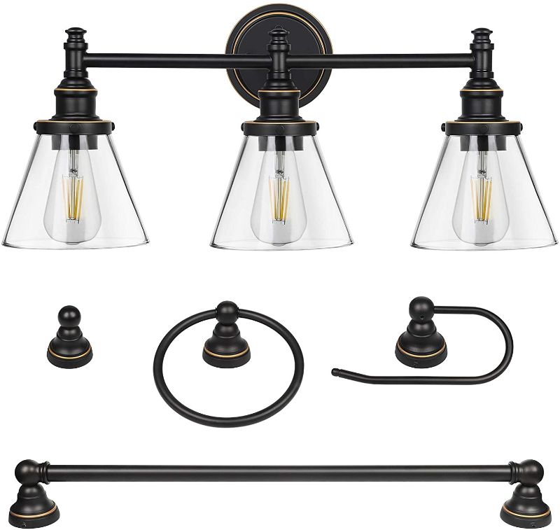 Photo 1 of DEWENWILS 3-Light Vanity Light Fixtures, 5-Piece All-in-One Bathroom Set, Light Fixtures with Clear Glass Shades, Towel Bar, Towel Ring, Robe Hook, Toilet Roll Holder, Oil Rubbed Bronze
