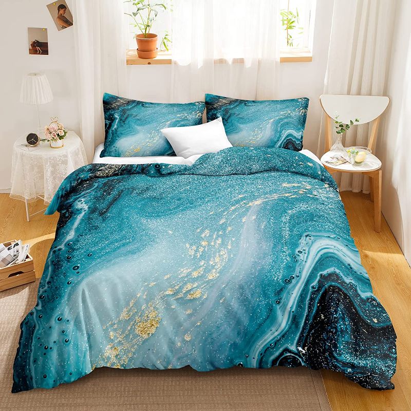 Photo 1 of Bedbay Turquoise Bedding Set Teal Blue Marble Duvet Cover Set Blue Gold Marble Texture Abstract Pattern Design Teen Adults Bedding King 1 Duvet Cover 2 Pillowcases (Blue, King)
