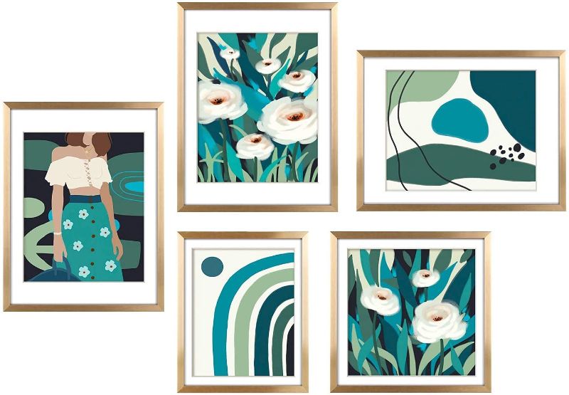 Photo 1 of ArtbyHannah 5 Pack Modern Abstract Gold Gallery Picture Frame Set Framed Wall Art Decor with Decorative Botanical and Minimalist Line Art Prints Gallery Wall Kit for Home Decoration
