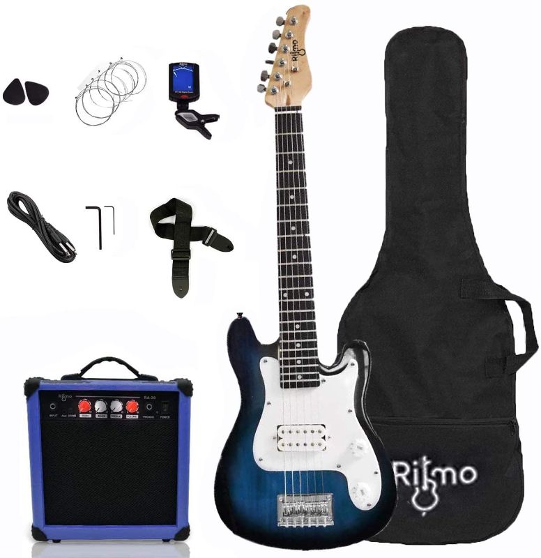 Photo 1 of Kids 30 Inch Electric Guitar and Amp Complete Bundle Kit for Beginners-Starter Set Includes 6 String Tremolo Guitar, 20W Amplifier with Distortion, 2 Picks, Shoulder Strap, Tuner, Bag Case - Blue
