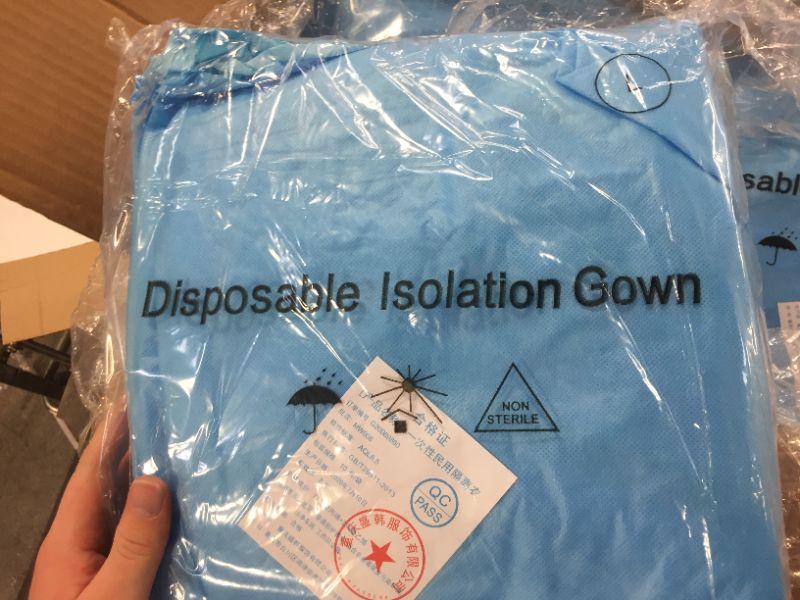 Photo 2 of 100 Pack LEVEL 2 PP + PE Disposable Isolation Gowns Blue with Elastic Cuff, Latex-Free, Non-Woven, Fluid Resistant, Dental, Medical, Hospital, Industries, ONE SIZE FITS ALL (100 PCS=10 Bags)
