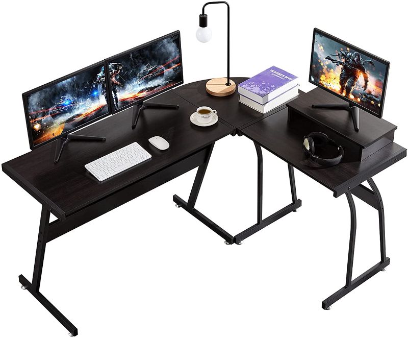 Photo 1 of DOSLEEPS L Shaped Gaming Desk - 58“ Computer Desk for Small Corner, Morden Black Metal Wood Home Office Desk for Writing, Study, Working
