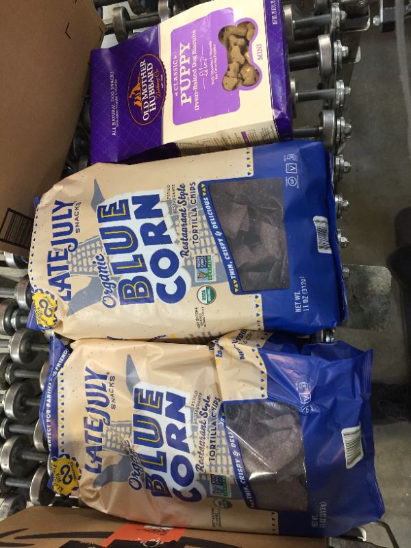 Photo 1 of 2 pack of LATE JULY Snacks Restaurant Style Blue Corn Tortilla Chips, 11 oz. Bag and a bag of Old Mother Hubbard Chicken Classic Crunchy Puppy Biscuits Mini Oven Baked Dog Treats