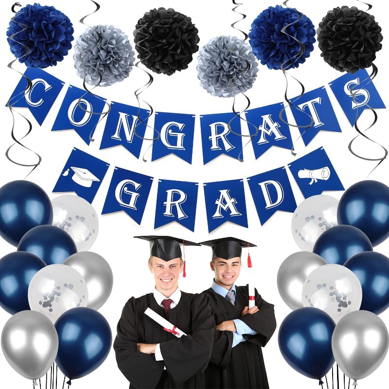 Photo 1 of Kederwa Graduation Decorations Blue and Silver, CONGRATS GRAD Banner Paper Pompoms Hanging Swirls Latex Confetti Balloon Garland Arch for 2021 Graduation Party Supplies
