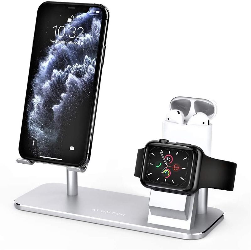 Photo 1 of ATUMTEK 3 in 1 Cell Phone Stand, Stand Charging Dock Compatible with Apple Watch and AirPods, Adjustable Desktop Stand for iPhone, Apple Watch 4/3/2/1/ 44/42/40/38mm, AirPods 1/2/Pro, iPad and More
